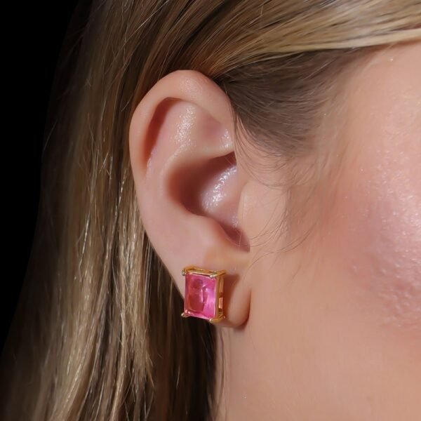 Brinco Dourado de Pedra Retangular Rosa - Imagem 2