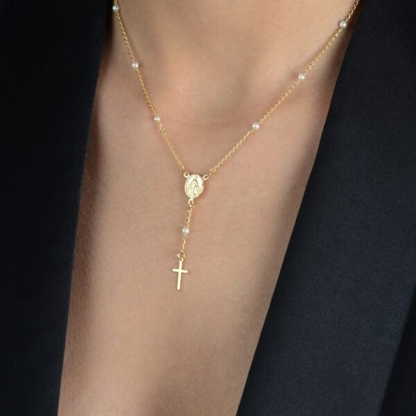 Colar Dourado Religioso Terço Cruz e Pérolas - Imagem 2