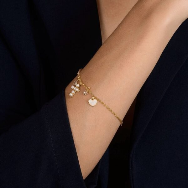 Pulseira Dourada Religiosa Cruz de Pérolas Coração Madrepérola Ponto de Luz - Imagem 2