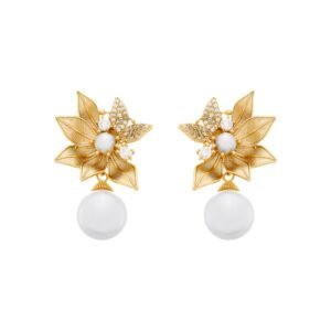 Brinco Dourado com Folhas em Zircônia e Pérolas